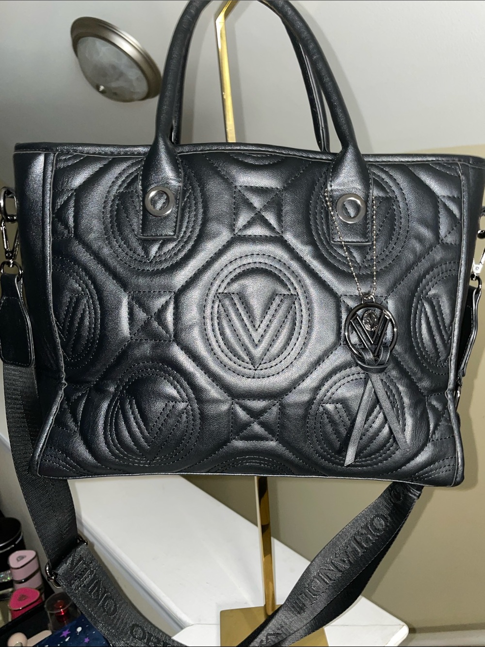 Valentino Orlandi Black Quilted Logo Satchel with Detachable Strap